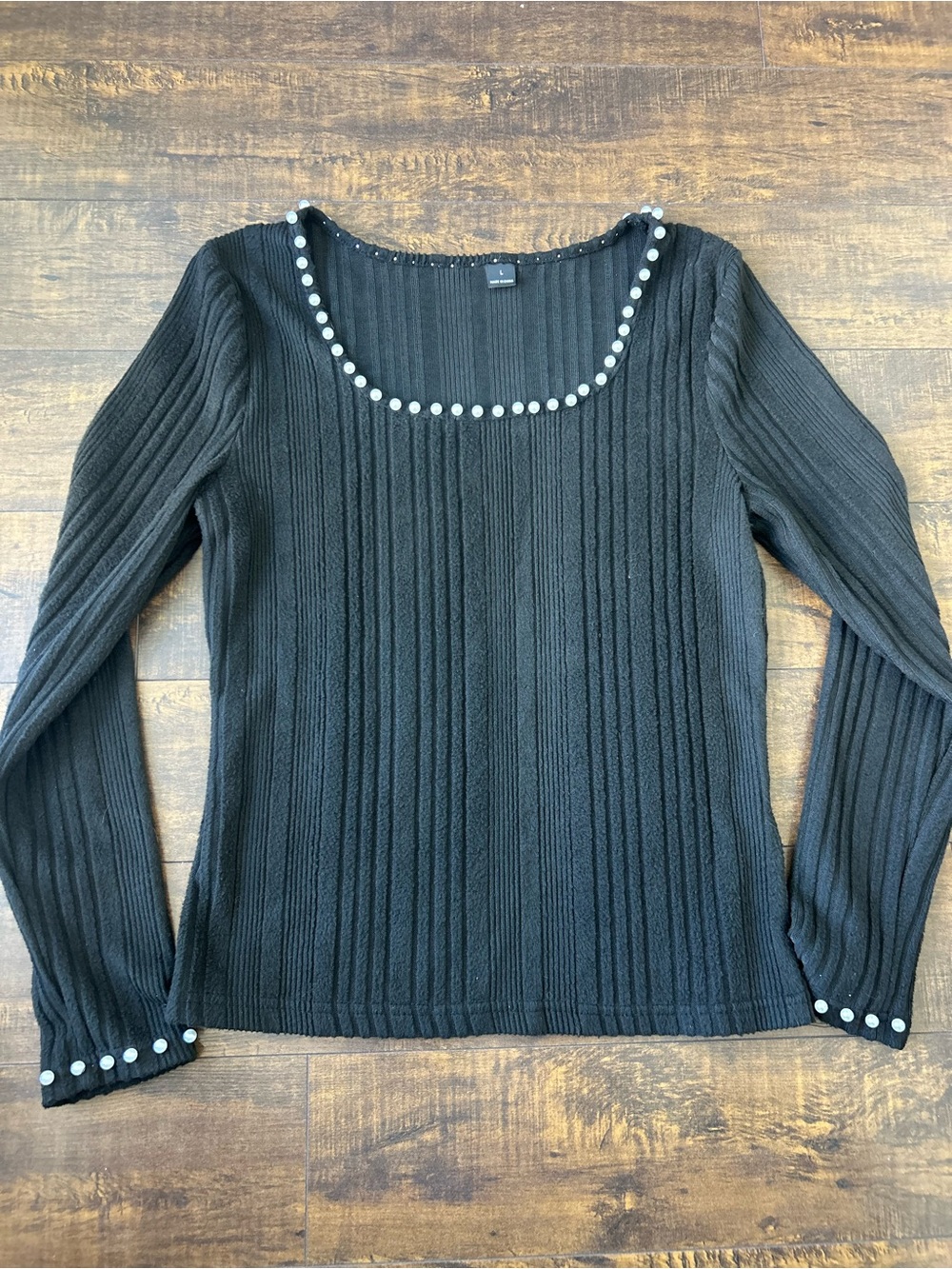 SHEIN Black Ribbed Long Sleeve Top with Pearl Trim